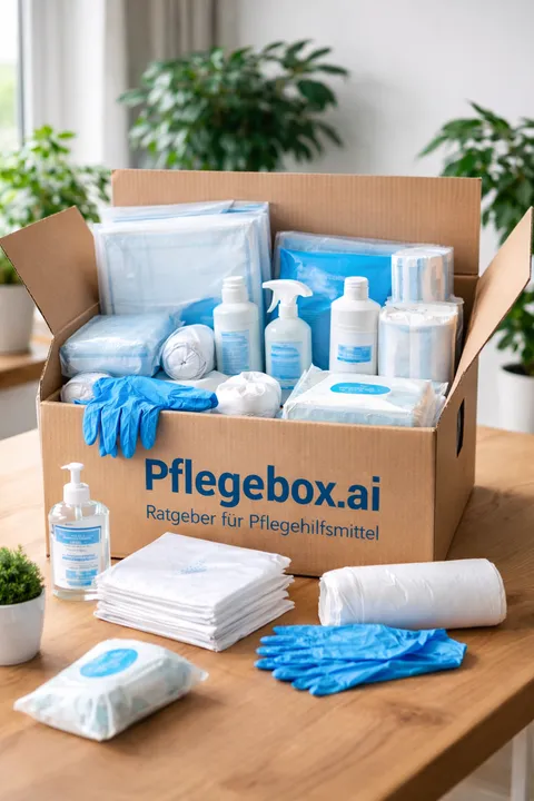 Pflegebox mit Pflegehilfsmitteln wie Einmalhandschuhen, Desinfektionsmittel und Bettschutzeinlagen